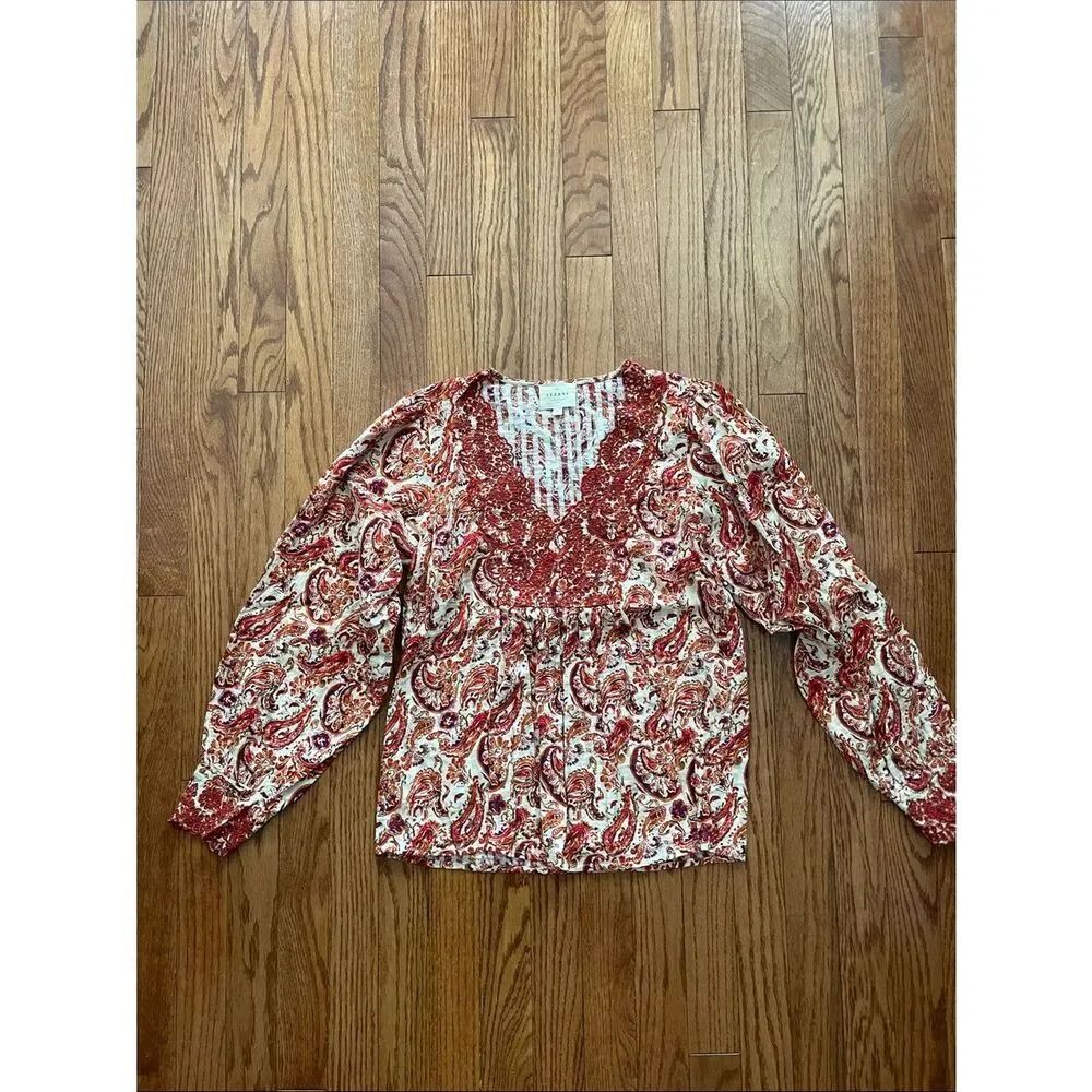 Sezane Orange Paisley Print Long Sleeve Blouse Women’s Sz 34/XS-2
